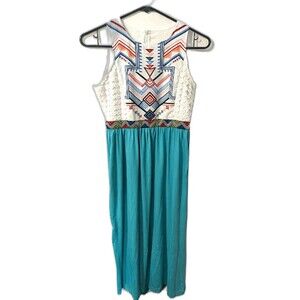 Vintage hostess gown Southwestern style teal polyester maxi XS